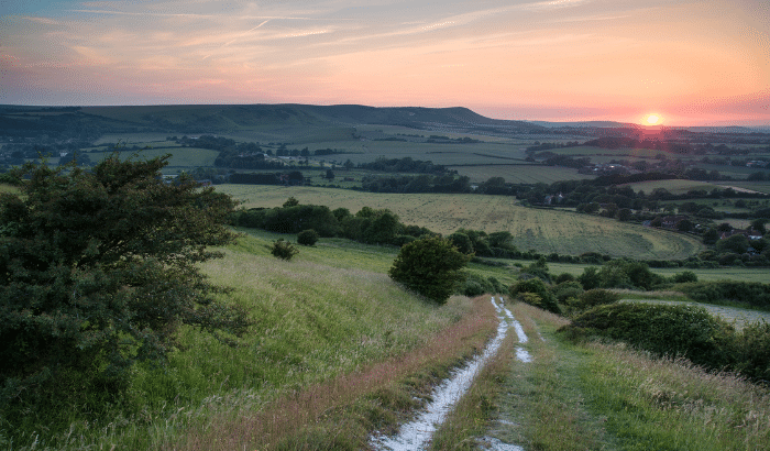 View down a country lane at sunset
