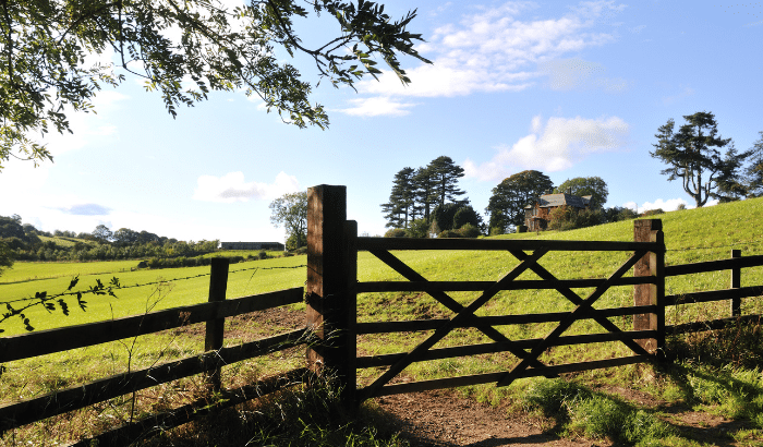 View of a field through a wooden gate and fence