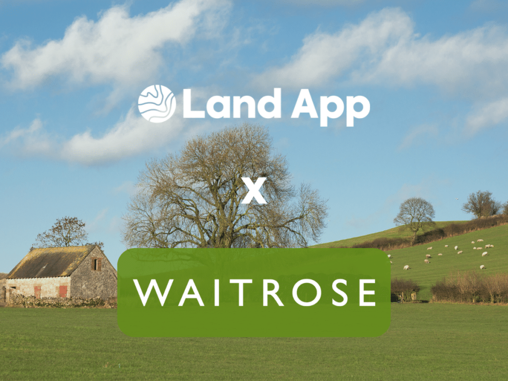 Photo of a farm with a farmhouse on the left and Land App x Waitrose Logos.